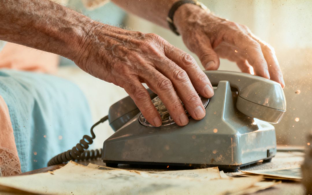 Mains d’une personne âgée posées sur un téléphone ancien, symbolisant l’appel difficile à faire après un décès