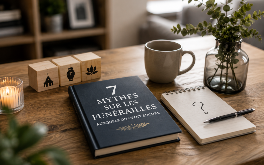 Livre illustrant 7 mythes sur les funérailles, accompagné d’un point d’interrogation
